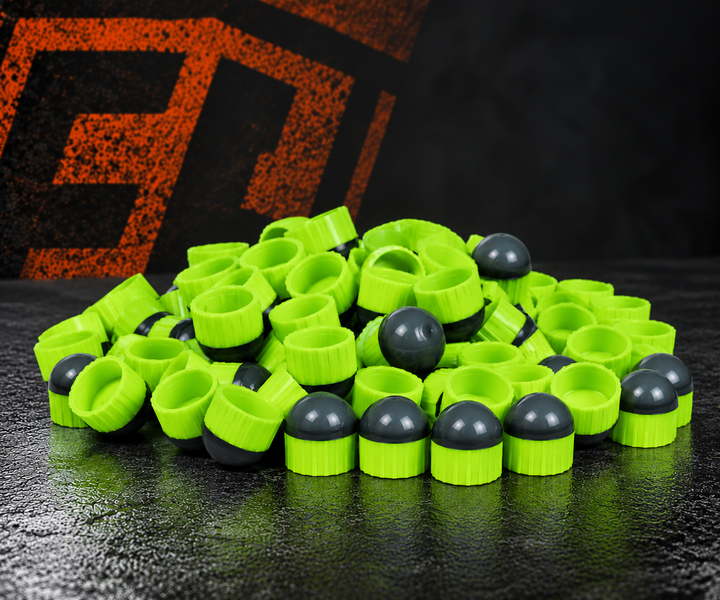 First Strike Rounds Green with graphite-gray noses on Carmatech studio background