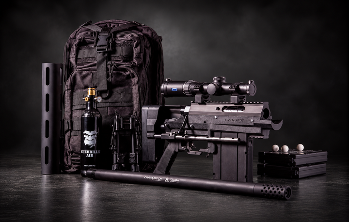 Stylized SAR-12C Hawke XB30 Pro paintball marker package with separate NEMESIS barrel, air tank, backpack and accessories on dark studio background