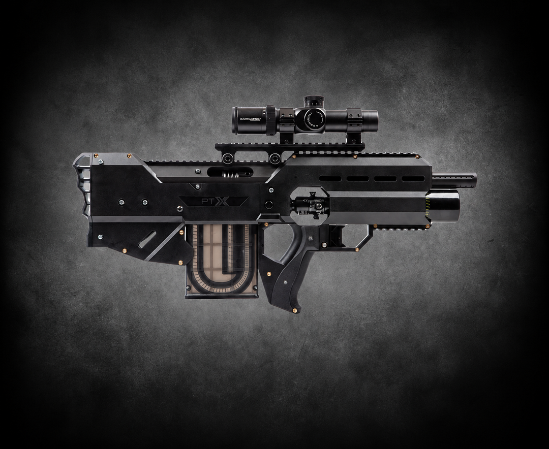 SARX CQS bullpup paintball marker with mounted optic, shown in side profile against a dark charcoal vignette background